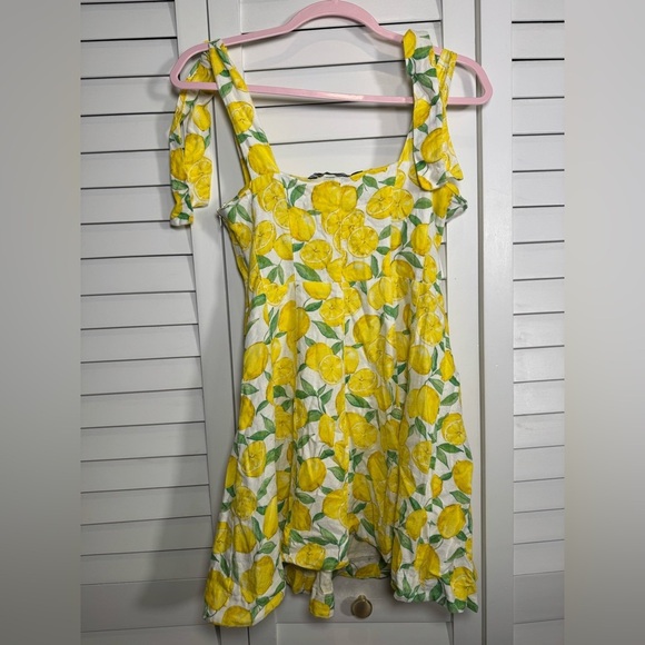 Zara Yellow Lemon Print Linen Blend Mini Dress w Tie Straps Size Small - Picture 4 of 7